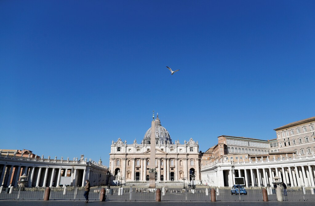 An empty St. Peter's Square is seen as Pope Francis holds his weekly general audience virtually, as part of measures to contain the coronavirus disease (COVID-19), at the Vatican, March 18, 2020 Coronavirus china virus health healthcare who world health organization disease deaths pandemic epidemic worries concerns Health virus contagious contagion viruses diseases disease lab laboratory doctor health dr nurse medical medicine drugs vaccines vaccinations inoculations technology testing test medicinal biotechnology biotech biology chemistry physics microscope research influenza flu cold common cold bug risk symptomes respiratory china iran italy europe asia america south america north washing hands wash hands coughs sneezes spread spreading precaution precautions health warning covid 19 cov SARS 2019ncov wuhan sarscow wuhanpneumonia pneumonia outbreak patients unhealthy fatality mortality elderly old elder age serious death deathly deadly