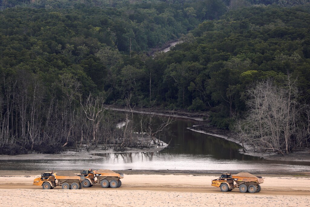 Trucks pass dead trees next to the Country Gardens' Forest City project construction site in Johor Bahru, Malaysia February 21, 2017. Picture taken February 21, 2017. REUTERS/Edgar Su - RTS128I0