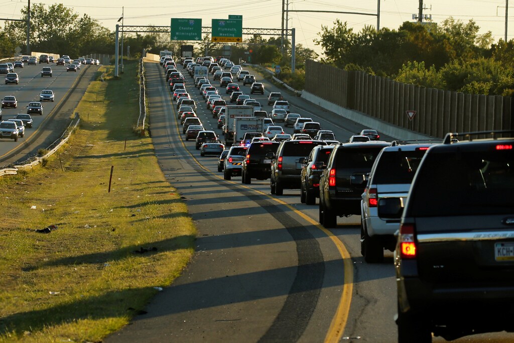 A line of SUV's making up Republican presidential nominee Donald Trump's motorcade navigate through rush hour traffic on Interstate 95 on their way to a rally with supporters in Aston, Pennsylvania, U.S. September 22, 2016. REUTERS/Jonathan Ernst - S1BEUCVYJOAA