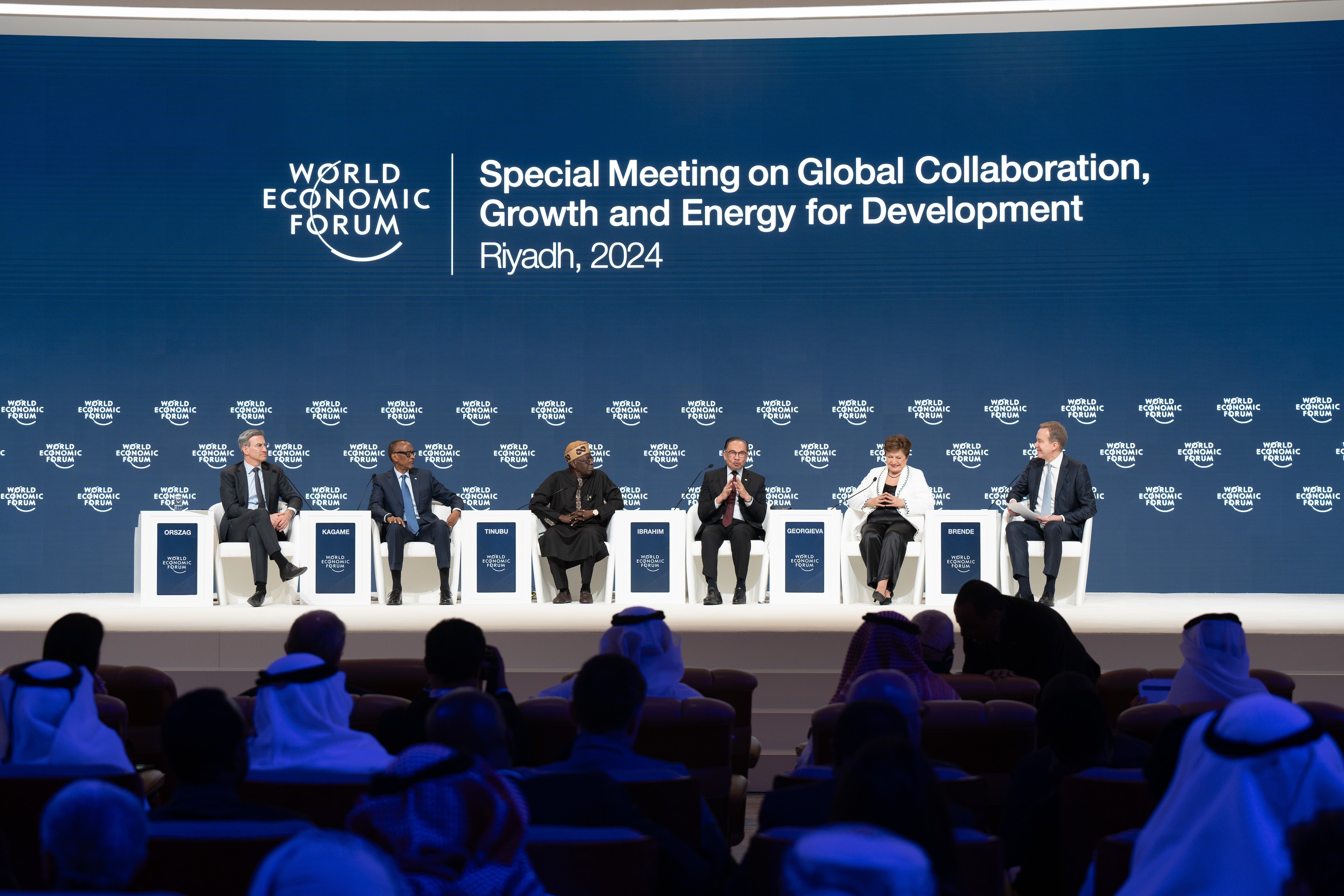 Anwar Ibrahim, Prime Minister of Malaysia; Bola Ahmed Tinubu, President of Nigeria; BÃ¸rge Brende, President, World Economic Forum; Faisal Alibrahim, Minister of Economy and Planning of Saudi Arabia; Kristalina Georgieva, Managing Director, International Monetary Fund (IMF), Washington, DC; Maroun Kairouz, Head of Middle East and North Africa, World Economic Forum; Paul Kagame, President of Rwanda; Peter Orszag, Chief Executive Officer, Lazard, USA; Speaking in the Opening Plenary: A New Vision for Global Development session at the Special Meeting on Global Collaboration, Growth and Energy for Development 2024. Riyadh, Saudi Arabia. 28 April 2024. King Abdul Aziz International Conference Center, Plenary.Copyright: World Economic Forum/Deepu Das