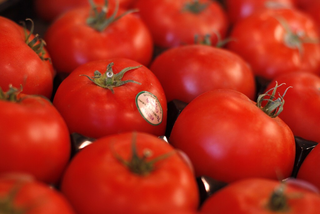 Tomatoes are displayed at the Phoenix Public Market in Phoenix, Arizona August 23, 2011. The first readout of the 2011 Second Quarter Gross Domestic Product (GDP) will be released on August 26. Picture taken August 23, 2011. REUTERS/Joshua Lott (UNITED STATES - Tags: AGRICULTURE BUSINESS) - GM1E78Q01XR01