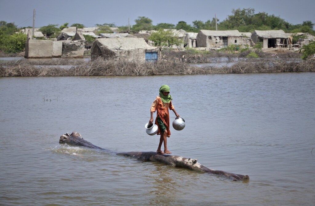 A girl, displaced by floods, carries pots as she walks on the trunk of a tree floating in the water near her home in the Badin district of Pakistan's Sindh province September 23, 2011.