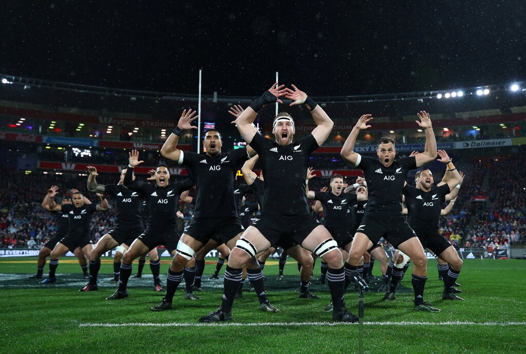 Rugby Union - New Zealand All Blacks v British and Irish Lions - Lions Tour - Wellington, New Zealand - July 1, 2017 The All Blacks perform the Haka before the game. REUTERS/Hannah Peters/POOL - RTS19E9X