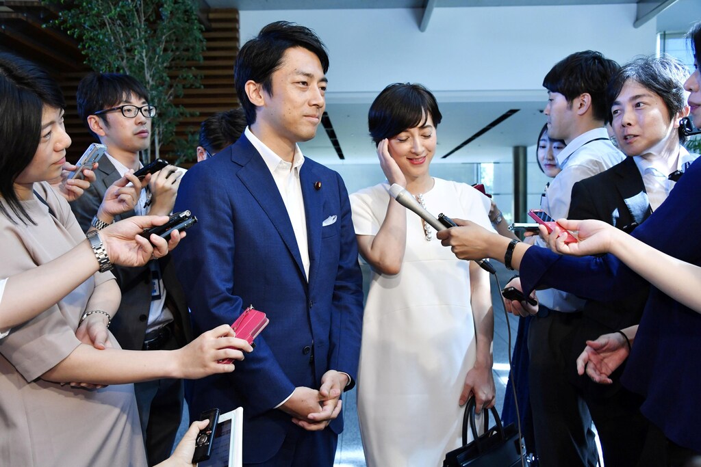 Shinjiro Koizumi, a Japanese lawmaker from the ruling Liberal Democratic Party and son of former prime minister Junichiro Koizumi, announces to media with television presenter Christel Takigawa on their marriage plans, at Prime Minister Shinzo Abe's official residence in Tokyo, Japan August 7, 2019, in this photo taken by Kyodo. Mandatory credit Kyodo via REUTERS ATTENTION EDITORS - THIS IMAGE WAS PROVIDED BY A THIRD PARTY. MANDATORY CREDIT. JAPAN OUT. NO COMMERCIAL OR EDITORIAL SALES IN JAPAN. - RC11FB3C2890