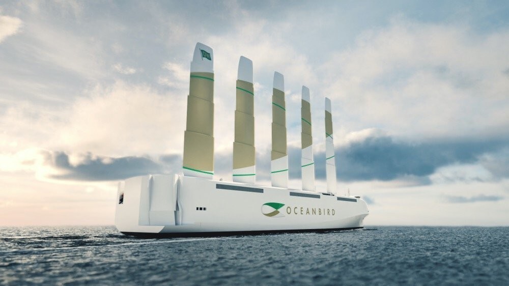 A mock-up illustration of an Oceanbird wind-powered cargo ship.