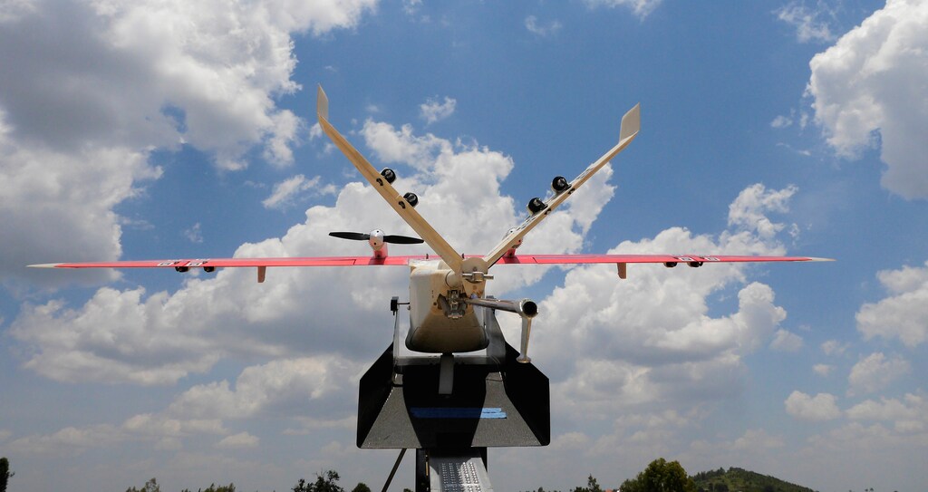 A drone is placed on a launch pad at operations center in Muhanda, south of Rwanda's capital Kigali where Zipline, a California-based robotics company delivered their first blood to patients using a drone October 12, 2016. Picture taken October 12, 2016. REUTERS/James Akena