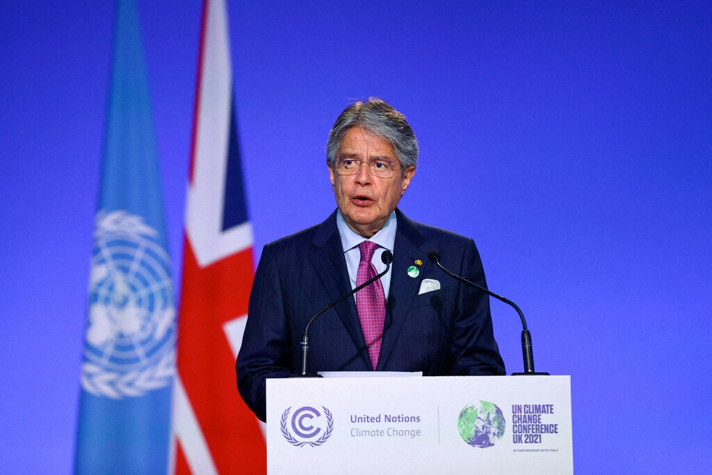 Ecuador's president, Guillermo Lasso, speaks during the UN Climate Change Conference (COP26) in Glasgow, Scotland, Britain.