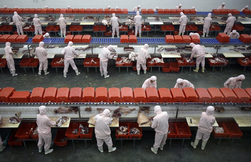 Workers cut pork at a production line in an abattoir on the outskirts of Beijing November 12, 2007. Chinese officials took members of the international media on a series of visits to food processing plants to reassure the world about their food safety following a series of incidents that sparked international concern, including athletes from competing countries in next year's Olympic Games. REUTERS/David Gray (CHINA) - RTX8YL