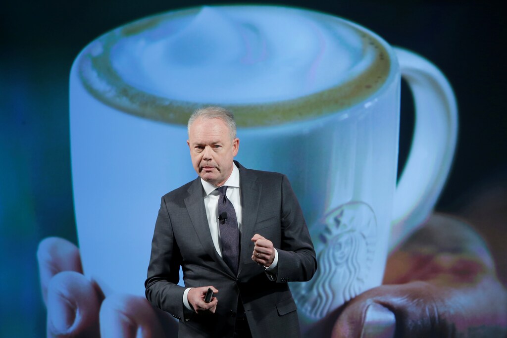 Starbucks President and COO Kevin Johnson delivers remarks at the Starbucks 2016 Investor Day in Manhattan, New York, U.S., December 7, 2016. REUTERS/Andrew Kelly - RTSV39M