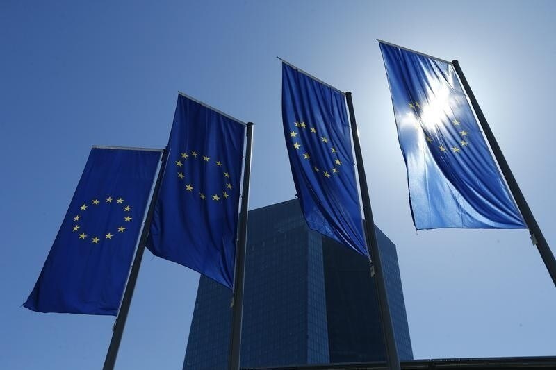 European Union flags flutter outside the headquarters of the European Central Bank (ECB) in Frankfurt, Germany, April 21, 2016.