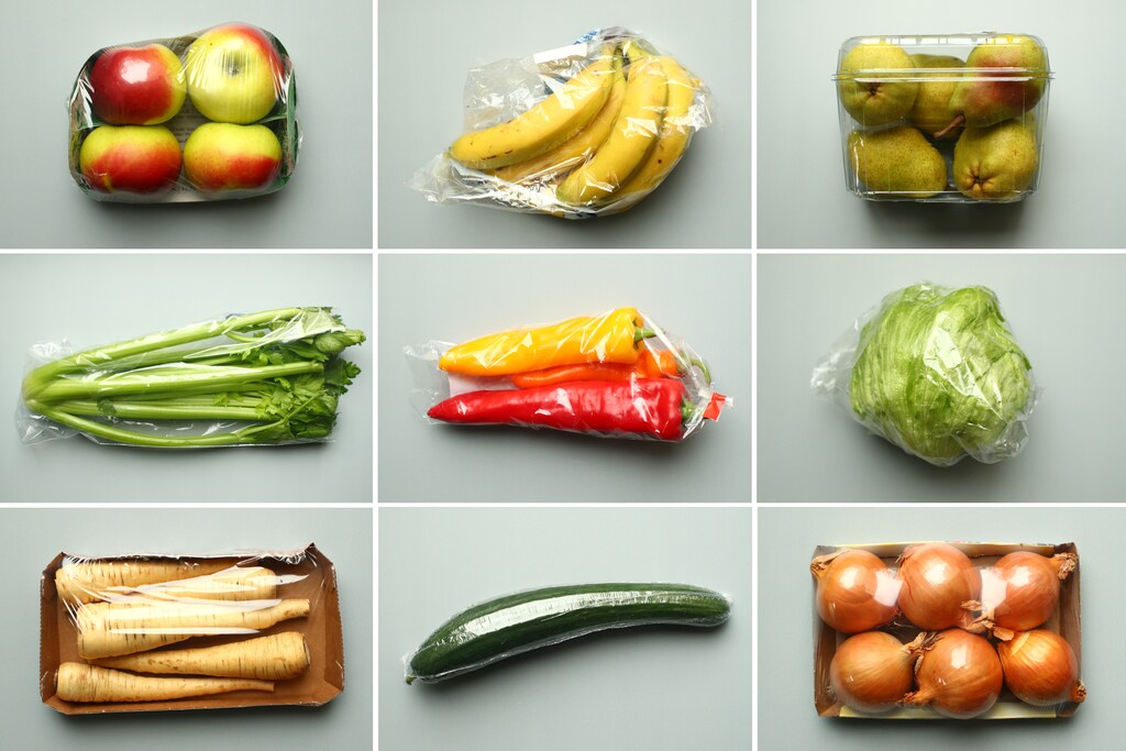 a combination of illustrations shows apples, bananas, pears, celery, peppers, a head of lettuce, parsnips, a cucumber and onions, wrapped in plastic as bought in a supermarket, taken November 20, 2018. REUTERS/Lisi Niesner/Illustration - RC1AAD6CCE00