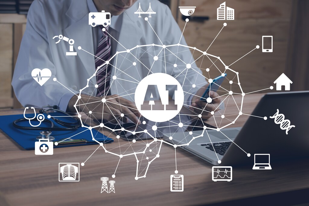 AI concept on diagram of brain superimposed on man at desk with laptop.