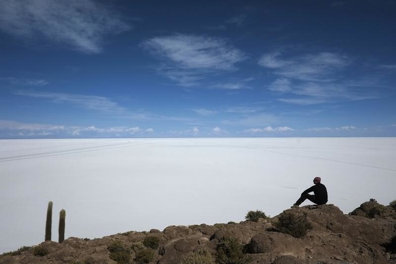 A tourist sits on Incahuasi Island while looking out over the Uyuni salt lake, which holds the world's largest reserve of lithium, located at 3,656 meters (11,995 ft) above sea level in southwestern Bolivia, November 6, 2012. Argentina, Chile and Bolivia hold the planet's largest reserves of lithium, the world's lightest metal and a key component in batteries used to power a range of technologies from cell phones to laptops to electric cars. Industrial production from countries in this so-called "lithium triangle" is already high. Chile is the world's leading source of the metal, turning out around 40 percent of global supply, and Argentina is also a significant producer. Output from the Andes may soon rise after Bolivia - the country that holds an estimated 50 percent of the world's lithium reserves - opened its first lithium pilot plant in January. Picture taken November 6, 2012. REUTERS/David Mercado (BOLIVIA - Tags: BUSINESS COMMODITIES ENVIRONMENT ENERGY TRAVEL)ATTENTION EDITORS: PICTURE 13 OF 34 FOR PACKAGE 'THE LITHIUM TRIANGLE'SEARCH 'LITHIUM TRIANGLE' FOR ALL IMAGES - GM1E9451DQS01