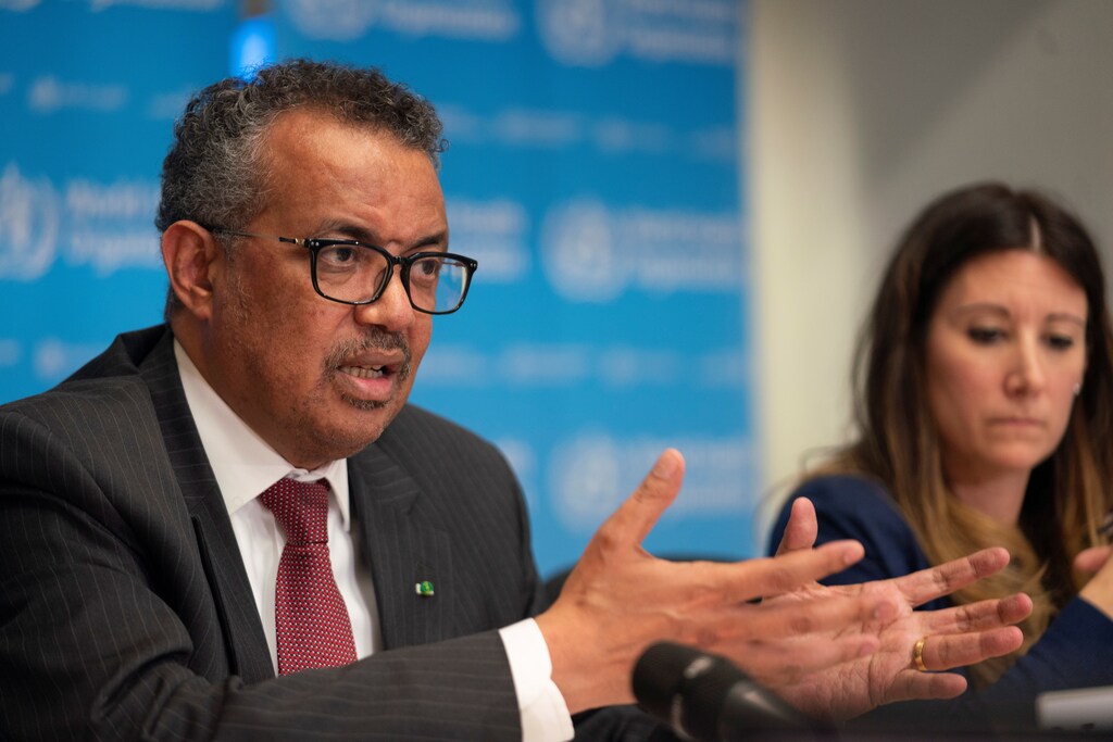 Director-General of World Health Organization (WHO) Tedros Adhanom Ghebreyesus attends a news conference on the outbreak of the coronavirus disease (COVID-19) in Geneva, Switzerland, March 16, 2020. Christopher Black/WHO/Handout via REUTERS ATTENTION EDITORS - THIS IMAGE WAS PROVIDED BY A THIRD PARTY - RC29LF9OOTYC