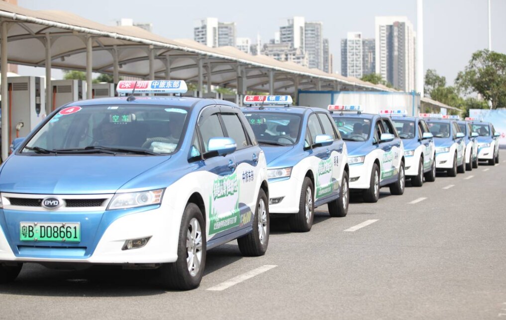 E-taxis belonging to Shenzhen's taxi fleet, which has become fully electric, are pictured on January 20, 2019 in Shenzhen, China. HANDOUT/BYD/Li Jianong