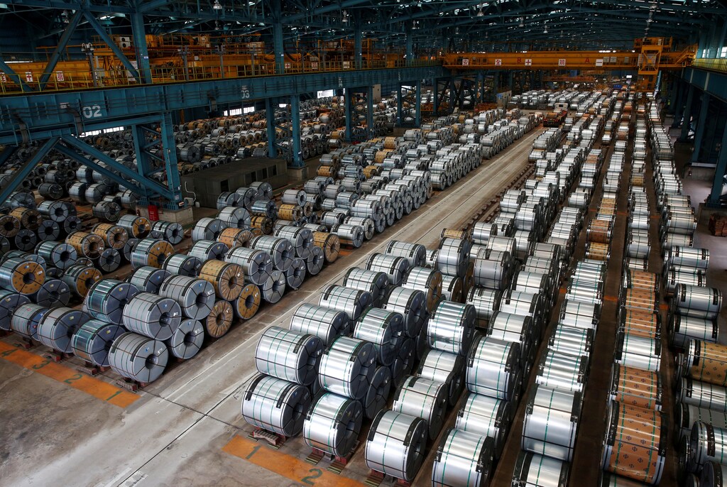 Rolls of steel stacked inside the China Steel Corporation, Taiwan.