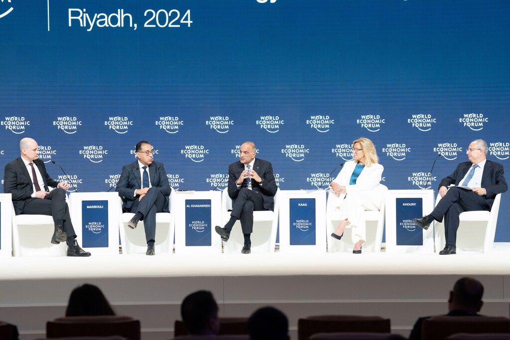 Bisher Hani Al Khasawneh, Prime Minister of the Hashemite Kingdom of Jordan; Mirek DuÅ¡ek, Managing Director, World Economic Forum; Mohammad Mustafa, Prime Minister of the Palestinian National Authority; Mostafa Madbouli, Prime Minister of Egypt; Sigrid Kaag, Senior Humanitarian and Reconstruction Coordinator for Gaza, United Nations, New York; Speaking in the Briefing on the Gaza Crisis session at the Special Meeting on Global Collaboration, Growth and Energy for Development 2024. Riyadh, Saudi Arabia. 29 April 2024. King Abdul Aziz International Conference Center, Plenary.Copyright: World Economic Forum/Deepu Das