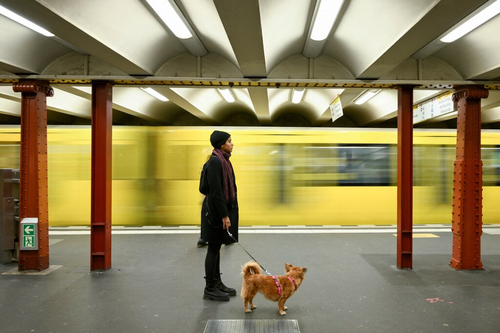 A commuter with a dog stands on a Berlin transport company BVG subway platform at Alexanderplatz station during a nationwide strike called by the German trade union Verdi over a wage dispute, in Berlin, Germany, March 27, 2023. REUTERS/Annegret Hilse REFILE - QUALITY REPEAT TPX IMAGES OF THE DAY mobility