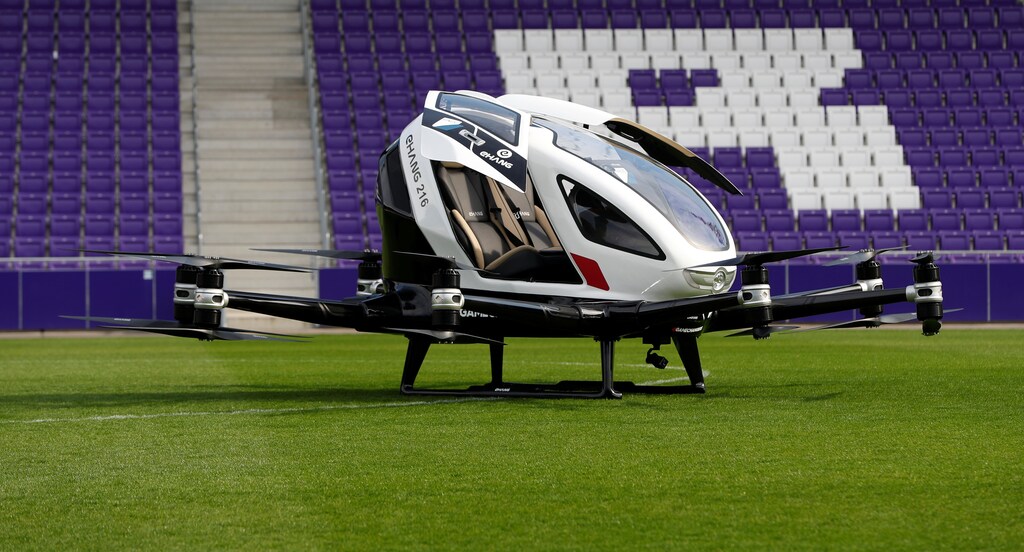 An Ehang 216, a two-seater autonomous aerial vehicle of drone maker EHang, is seen during its presentation in Vienna, Austria April 4, 2019. REUTERS/Leonhard Foeger - RC1E2BBD4760