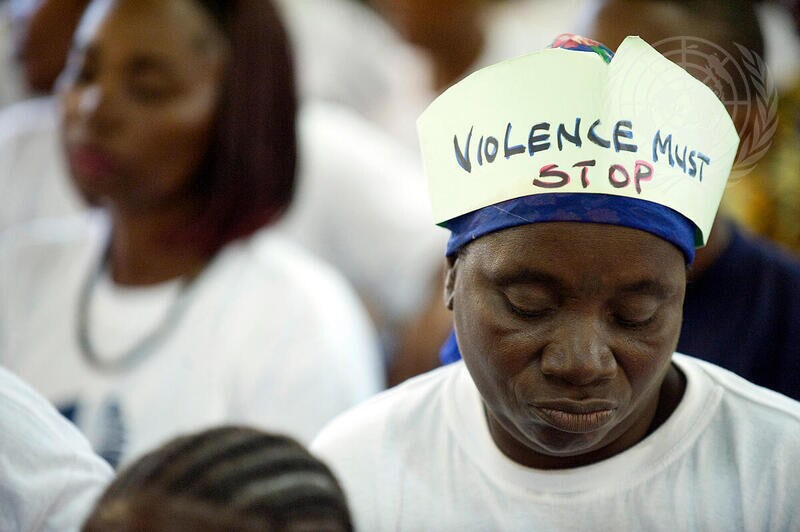 Women participate in the ""16 days of Activism"" campaign, launched by the United Nations Mission in Liberia (UNMIL) to strengthen the rights of women and stop gender-based violence.