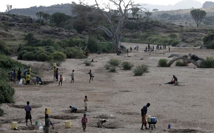 People collect water from a dry river bed in Kaabong in Karamoja region, Uganda February 17, 2016. REUTERS/Goran Tomasevic