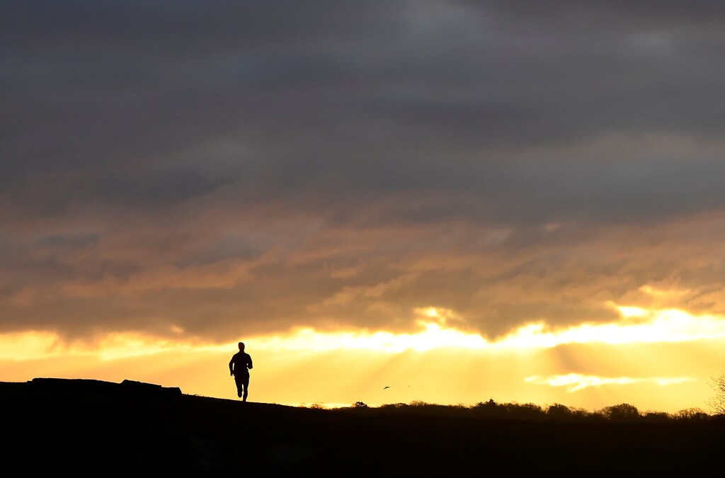 Un corredor en silueta atraviesa Richmond Park al amanecer en Londres.