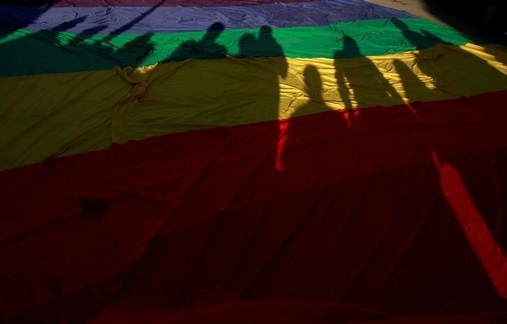 Participants' shadows are seen on a rainbow flag during a march in support of gay marriage, sexual and gender diversity in Ciudad Juarez, Mexico, June 10 2018. REUTERS/Jose Luis Gonzalez