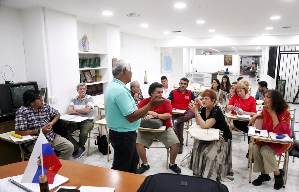 Blas Dimir Villalba teaches Russian language in Buenos Aires, Argentina, March 6, 2018.