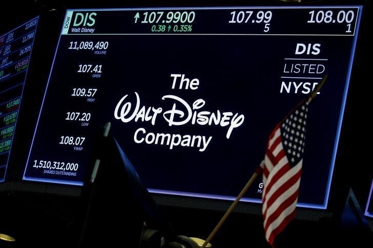 A screen shows the logo and a ticker symbol for The Walt Disney Company on the floor of the New York Stock Exchange (NYSE) in New York, U.S., December 14, 2017. REUTERS/Brendan McDermid