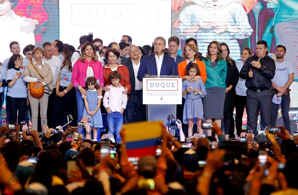 Presidential candidate Ivan Duque speaks to supporters after he won the presidential election in Bogota, Colombia, June 17, 2018. REUTERS/Andres Stapff