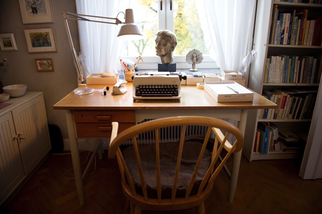 The desk and typewriter in Swedish writer Astrid Lindgren's former home at 46 Dalagatan street in Stockholm, Sweden.