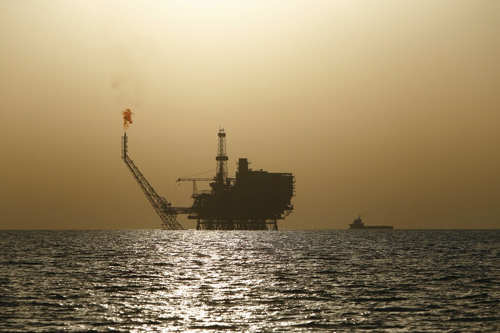 An offshore oil platform is seen at the Bouri Oil Field off the coast of Libya.