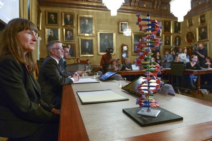 A model of the DNA double helix sits on a desk in front of professor Sara Snogerup Linse (L), a member of the Nobel Assembly, during a news conference at the Royal Swedish Academy in Stockholm October 7, 2015. Sweden's Tomas Lindahl, the U.S.-based Paul Modrich and Turkish-born Aziz Sancar won the 2015 Nobel Prize for Chemistry for work on mapping how cells repair damaged DNA, the award-giving body said on Wednesday. REUTERS/Fredrik Sandberg/TT News Agency ATTENTION EDITORS - THIS IMAGE WAS PROVIDED BY A THIRD PARTY. FOR EDITORIAL USE ONLY. NOT FOR SALE FOR MARKETING OR ADVERTISING CAMPAIGNS. THIS PICTURE IS DISTRIBUTED EXACTLY AS RECEIVED BY REUTERS, AS A SERVICE TO CLIENTS. SWEDEN OUT. NO COMMERCIAL OR EDITORIAL SALES IN SWEDEN. NO COMMERCIAL SALES.