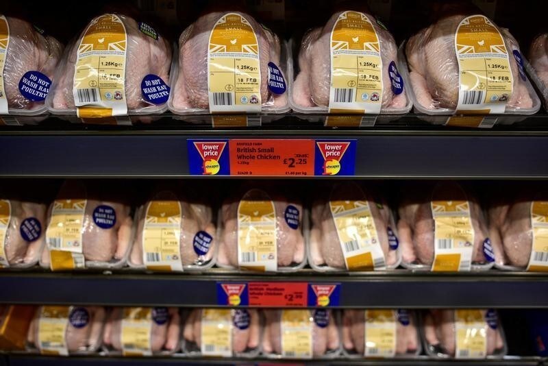 Whole chickens on sale in an Aldi store in London, Britain, February 15, 2018.