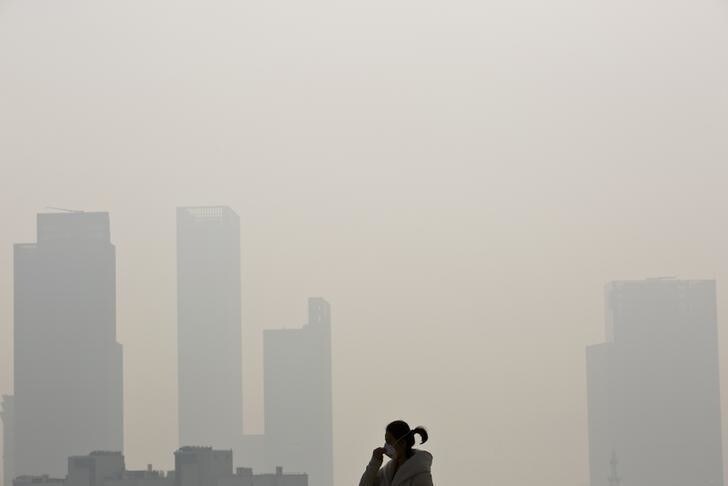 A woman wearing a mask walks on a bridge during a hazy day in downtown Shanghai December 5, 2013. China will launch two new pilot carbon trading schemes this week in Beijing and Shanghai as it strives to cut soaring rates of greenhouse gas, reduce choking smog and determine the best system for a nationwide roll-out. REUTERS/Aly Song (CHINA - Tags: ENVIRONMENT POLITICS)