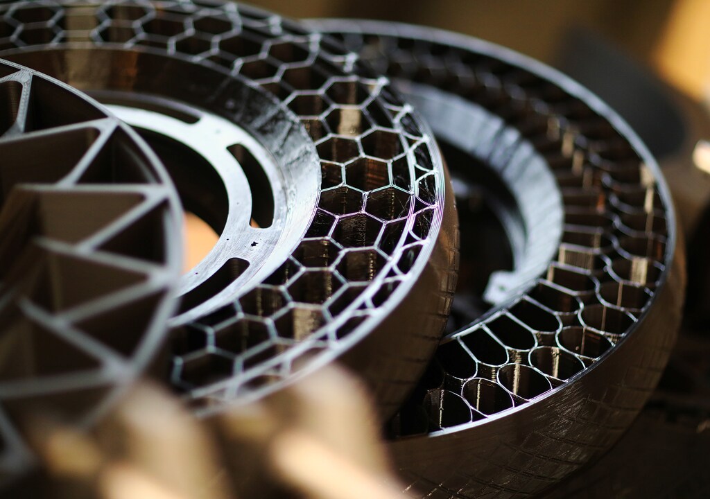 Printed wheels of the nearly completely 3D printed e-motorcycle NERA, of the German 3D printer manufacturer BigRep, are pictured in Berlin, Germany, December 3, 2018. Picture taken December 3, 2018. REUTERS/Hannibal Hanschke - RC138FEC5C00