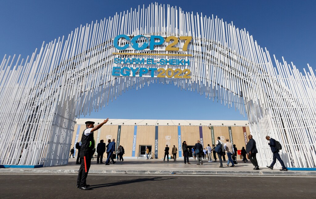 The entrance of the Sharm El Sheikh International Convention Centre during the COP27 climate summit in Egypt.