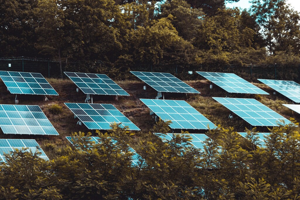 Solar panels on a hill.
