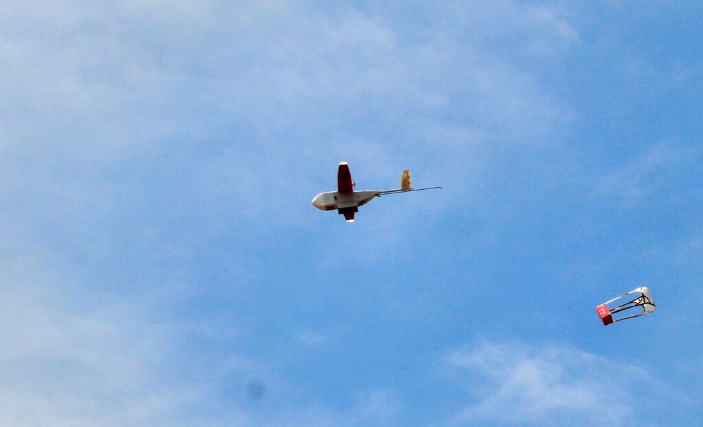 A drone drops its first blood delivery to a hospital in Rwanda in October 2016