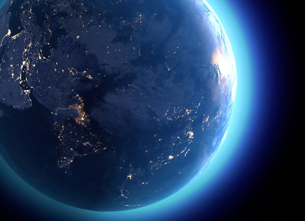 Physical map of the world, satellite view of India, China, Russia. Asia. Globe. Hemisphere. Reliefs and oceans. Night view, city lights. 3d rendering. Elements of this image are furnished by NASA. https://visibleearth.nasa.gov/view.php?id=74443