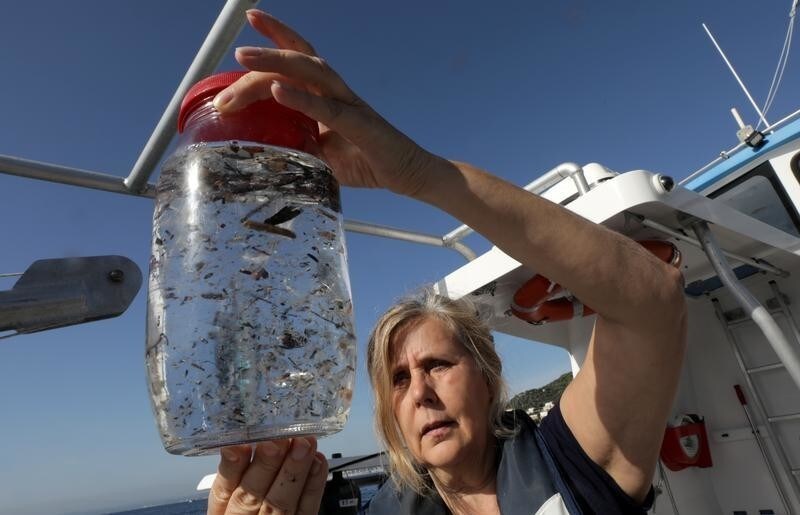 Maria-Luiza Pedrotti, CNRS marine biologist specialized in micro-plastics, looks at sea sample taken from the Mediterraneean Sea on a coastal research vessel as part of a scientific study about microplastics damaging marine ecosystems, near Villefranche-Sur-Mer, on the French Riviera, France, October 19, 2018. Picture taken October 19, 2018.