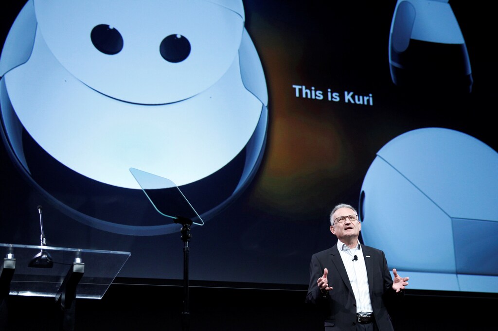 Werner Struth, member of the board of management of Robert Bosch GmbH, talks about a robot named Kuri by Mayfield Robotics during a Bosch news conference at the 2017 CES in Las Vegas, Nevada, U.S., January 4, 2017. REUTERS/Steve Marcus - RTX2XJMI