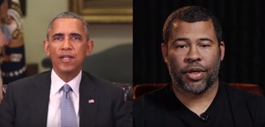 A still from Buzzfeed's video, in which technology was used to fake footage of Barack Obama, accompanied by an impersonation of his voice by Jordan Peele.