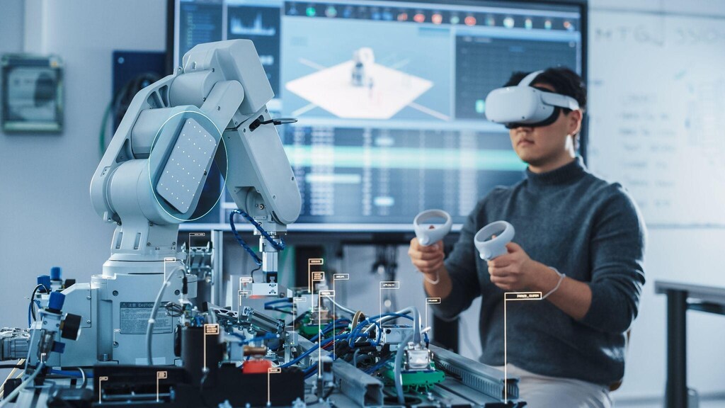 Man using extended reality equipment in laboratory setting: Research shows immersive extended reality (XR) programmes enhance learning.