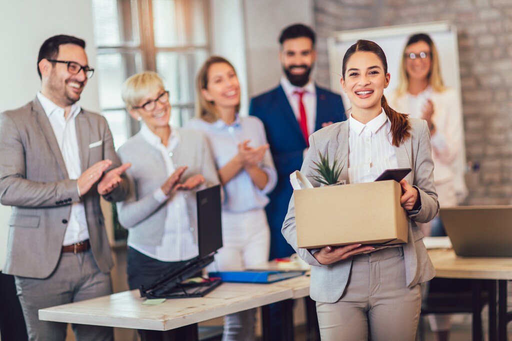 New member of team, newcomer, applauding to female employee, congratulating office worker with promotion; leaving a job, positive; corporate alumni programme