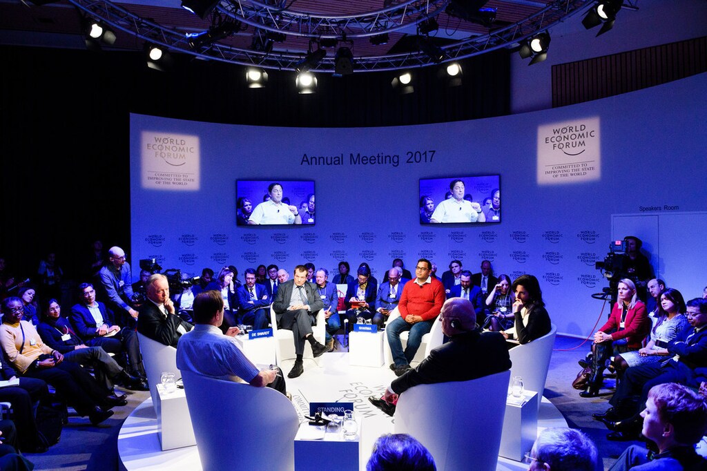 David Cruickshank, Global Chairman, Deloitte, United Kingdom; Michel Sapin, Minister of Economy and Finance of France; Vijay Shekhar Sharma, Founder and Chief Executive Officer, Paytm, India; Guy Standing, Research Professor in Development Studies, University of London, United Kingdom; Cobus de Swardt, Managing Director, Transparency International, Germany; Pedro Rodrigues de Almeida, Head of Basic Industries, Member of the Executive Committee, World Economic Forum and Rana Foroohar, Global Business Columnist and Associate Editor, Financial Times, USA speaking during the Session "Ending Corruption: The Recovery of Trust" at the Annual Meeting 2017 of the World Economic Forum in Davos, January 19, 2017Copyright by World Economic Forum / Manuel Lopez