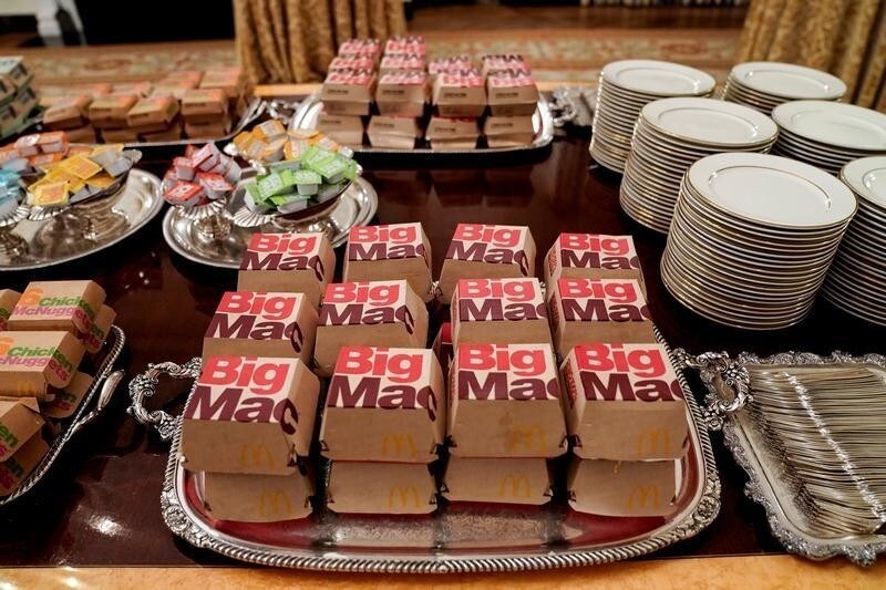 Fast food hamburgers from the chain McDonald's are provided due to the partial government shutdown as the 2018 College Football Playoff National Champion Clemson Tigers are welcomed in the State Dining Room of the White House in Washington, U.S., January 14, 2019. REUTERS/Joshua Roberts - RC1576BB7330