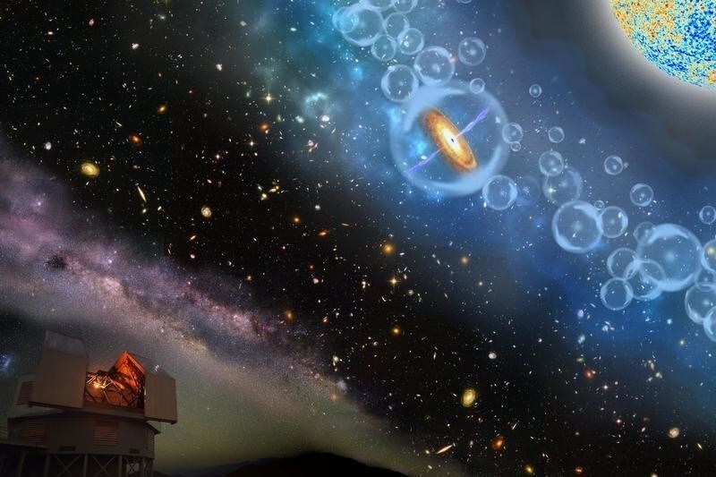 Artist's conceptions of the most-distant supermassive black hole ever discovered, which is part of a quasar from just 690 million years after the Big Bang, surrounded by neutral hydrogen, indicating that it is from the period called the epoch of reionization, when the universe's first light sources turned on is shown in this illustration released on December 6, 2017.