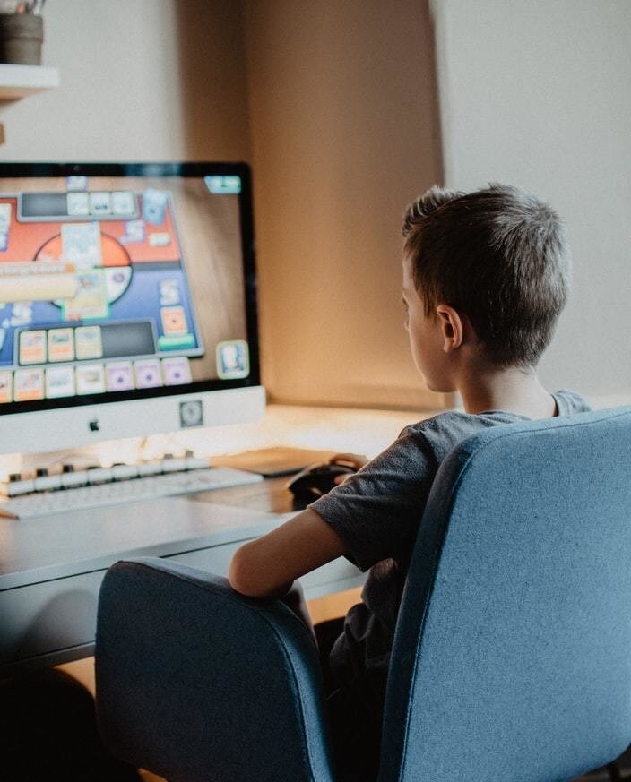 Young boy playing Pokemon on home computer.