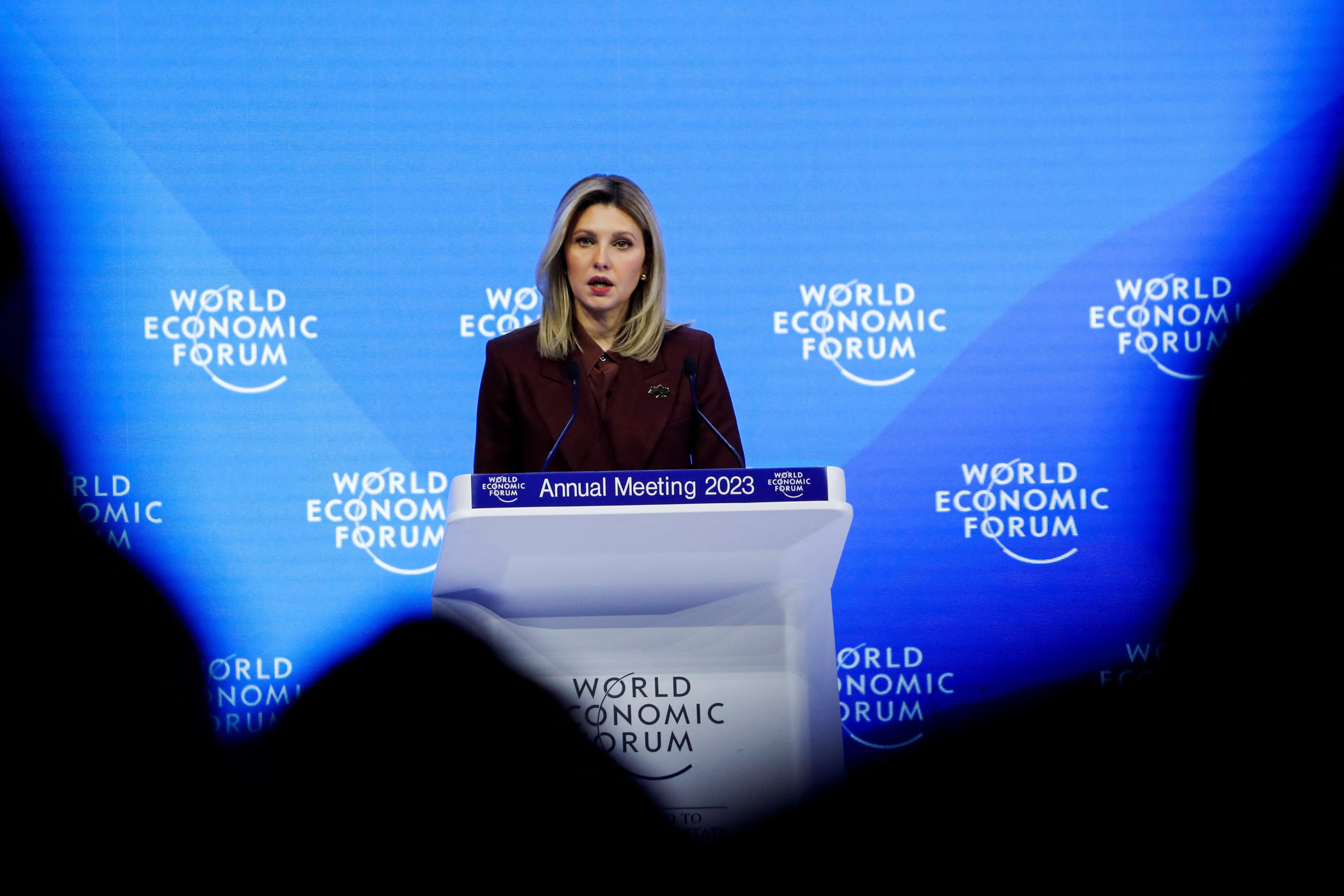 Ukraine's first lady Olena Zelenska addresses the World Economic Forum (WEF), in Davos, Switzerland, January 17, 2023. Radio Davos is going daily throughout Davos 2023.